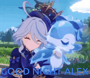 a girl is hugging a blue animal and the words good night alex are on the bottom of the picture .
