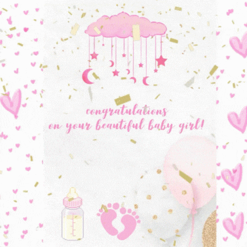 a congratulations card for a baby girl with balloons and hearts