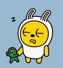 a cartoon character with a rabbit costume is holding a stuffed animal and sleeping