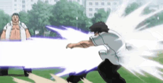 a man in a white shirt is fighting another man in a park with a sword .