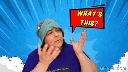 a woman wearing a green hat and a purple shirt says what 's this in a comic speech bubble
