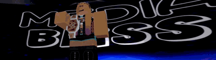 a video game character is standing in front of a sign that says media bliss