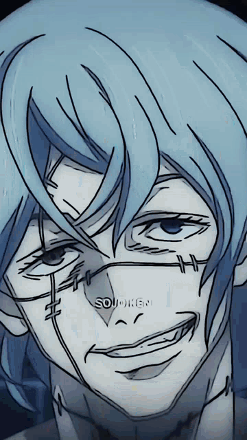 a close up of a person 's face with the word sojoken written on it