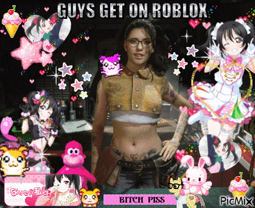a picture of a girl with the words guys get on roblox on the bottom