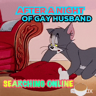 a cartoon of tom looking at a red pillow with the words after a night of gay husband searching online below him