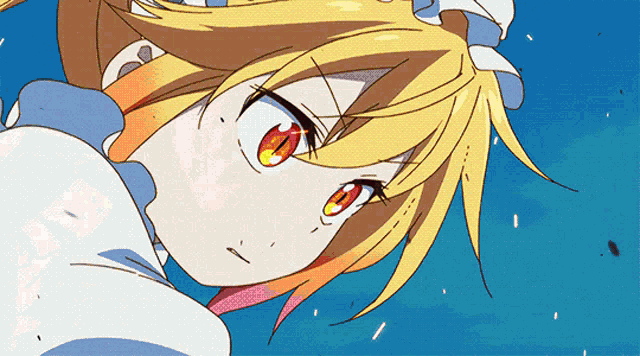 a girl with yellow hair and red eyes is looking up at the sky