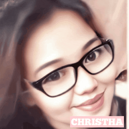 a close up of a woman wearing glasses with the name christha