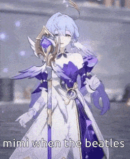 a girl in a purple dress is holding a cane and a sword and says mimi when the beatles .