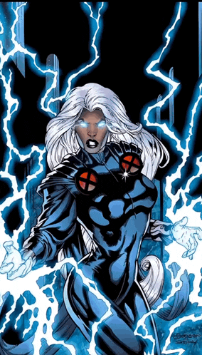 a comic book character named storm is surrounded by lightning bolts