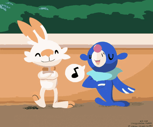 a cartoon drawing of a rabbit and a sea otter with a note in the middle
