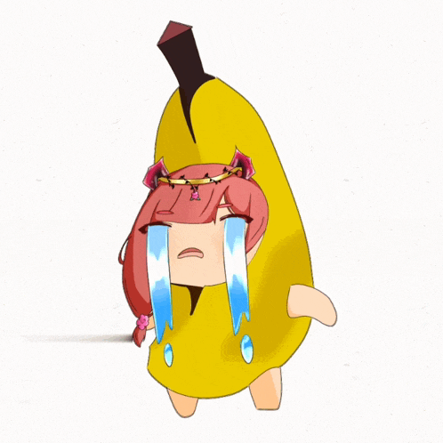 a cartoon of a girl wearing a banana costume with tears coming out of her eyes