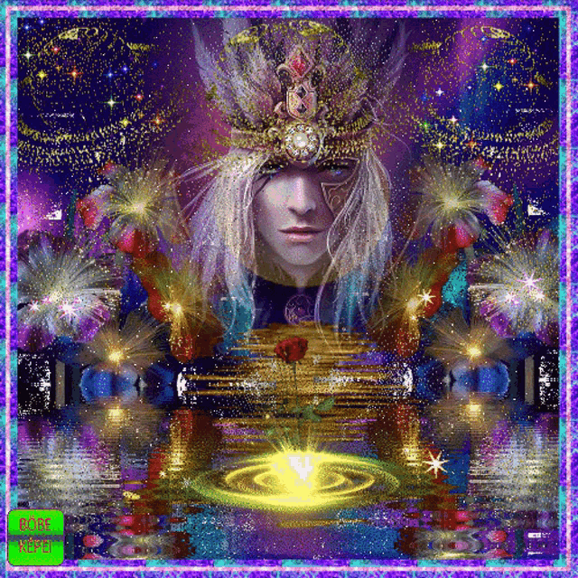 a painting of a man with a crown on his head is surrounded by fireworks