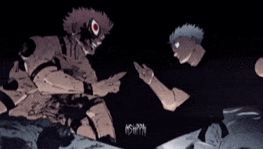 a couple of anime characters are standing next to each other and fighting each other .