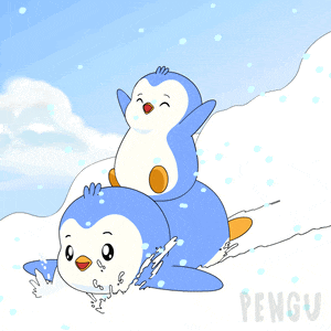 a cartoon of two penguins playing in the snow with the word pengu in the bottom right corner