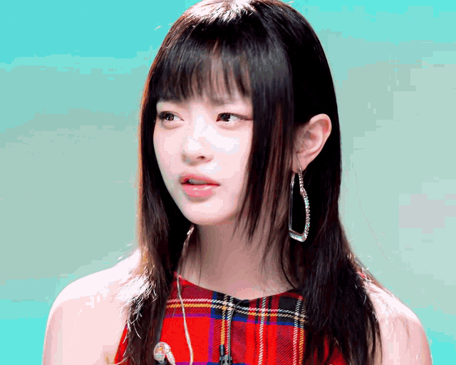 a woman wearing a plaid dress and hoop earrings looks at the camera