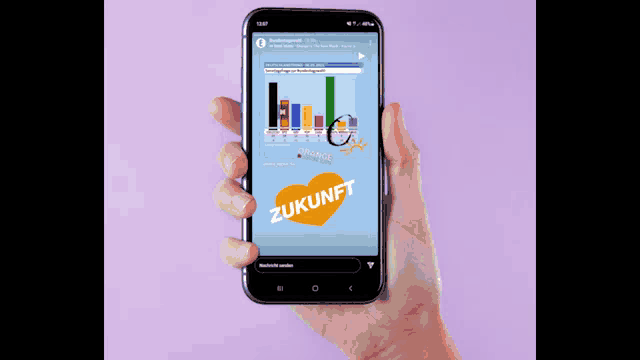 a hand is holding a cell phone with a screen that says zukunft on it