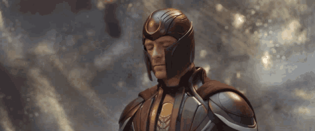 a man with his eyes closed wearing a helmet and armor