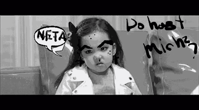 a little girl with a speech bubble that says " meta " on it