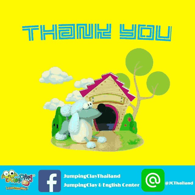 an advertisement for jumping clay thailand shows a poodle in front of a doghouse
