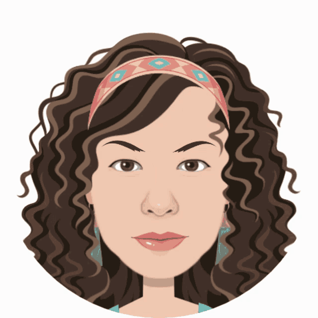 a cartoon drawing of a woman with curly hair and a headband