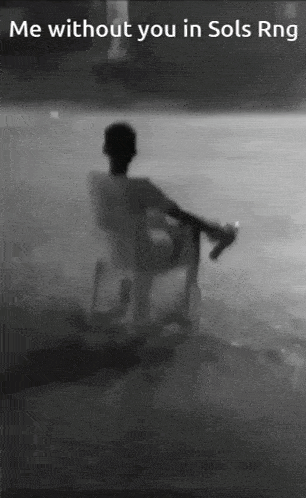 a black and white photo of a man sitting in a chair with the words me without you in sols rng