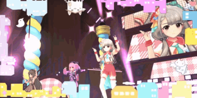a group of anime girls are dancing on a stage with a cat in the background
