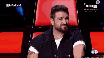 a man with a beard is sitting in a red chair on a tv show called la voz kids