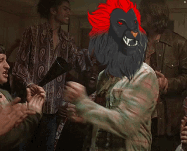 a man in a plaid shirt with a lion mask on his head