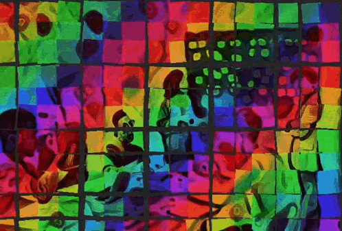 a colorful painting of a man playing a guitar and a woman playing a violin