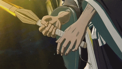 a close up of a person holding a sword with a yellow light behind them