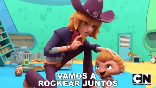 a cartoon of a cowboy petting a baby with the words vamos a rockear juntos