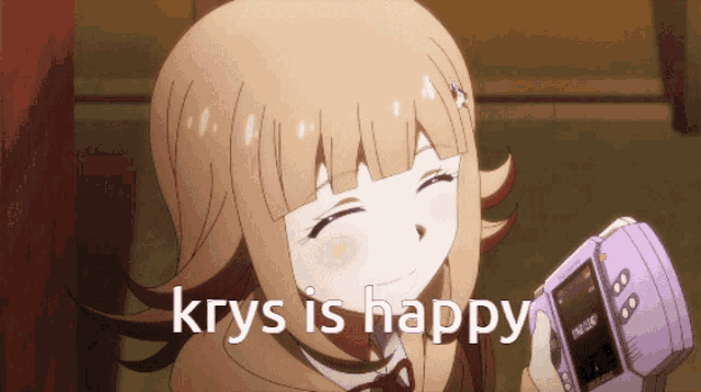 a girl is holding a video game and the words krys is happy are above her