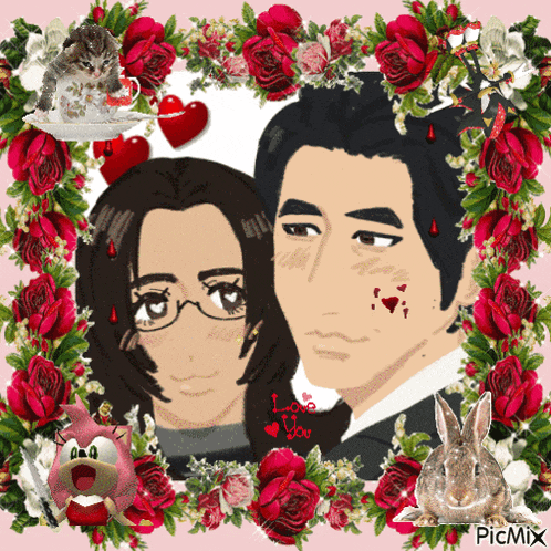 a picture of a man and a woman surrounded by roses and a rabbit with the words love you on the bottom