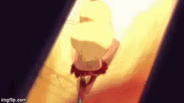 a cartoon character is walking down a staircase with a yellow background .