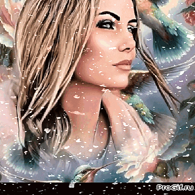 a painting of a woman surrounded by birds with progif.ru at the bottom of the image
