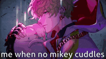 a pixel art of a man hugging a cat with the words me when no mikey cuddles below him