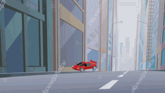a red sports car is driving down a city street in front of tall buildings