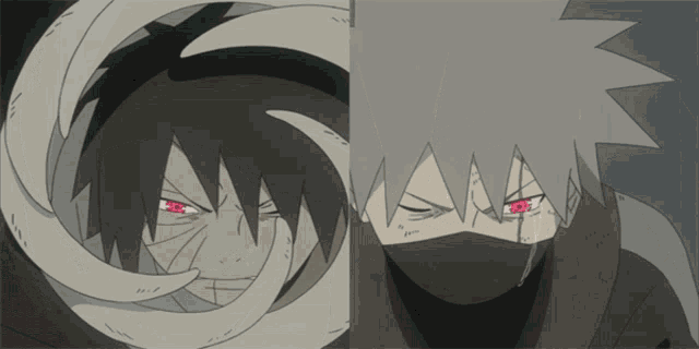 a couple of anime characters with red eyes and gray hair