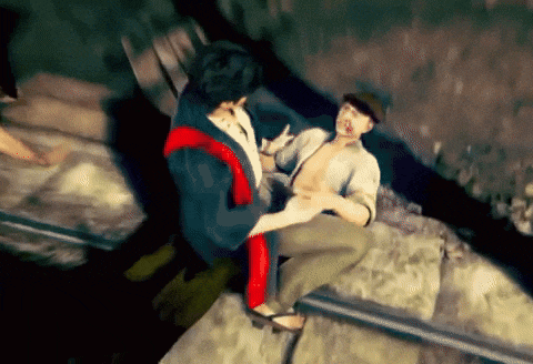 a couple of men are sitting on a rock and one of them is smoking a cigarette