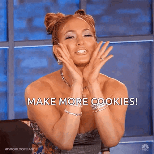 a woman with her hands on her face and the words make more cookies