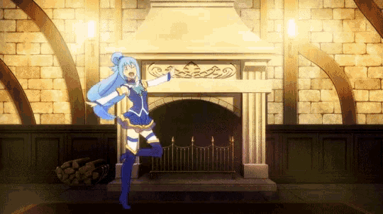 aqua is dancing in front of a fireplace in a room