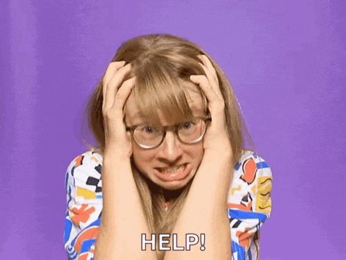 a woman wearing glasses is holding her head and screaming for help