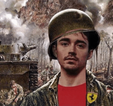 a man wearing a helmet and a red ferrari shirt
