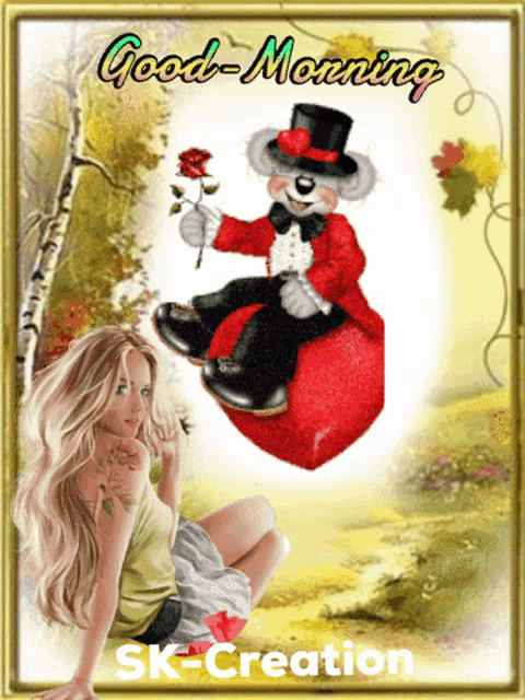 a picture of a woman and a teddy bear with the words good morning sk-creation