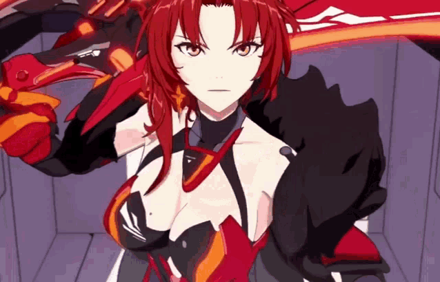 a girl with red hair is holding a sword in a room .
