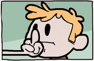 a cartoon of a boy with blonde hair making a peace sign with his finger .