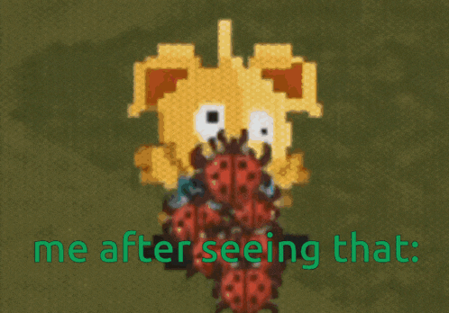 a pixel art of a skeleton surrounded by ladybugs with the words me after seeing that