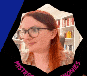 a picture of a woman with red hair and glasses is surrounded by the words " mistress monies "