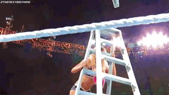 a female wrestler is climbing a ladder in a wrestling ring .