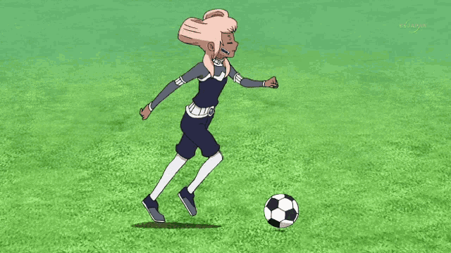 a cartoon of a girl kicking a soccer ball on a field that says tokyo